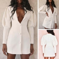 Sexy Deep V-neck Puff Sleeve Solid Color Slim Fit Dress