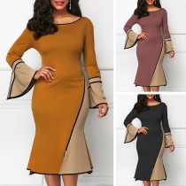 Fashion Contrast Color Trumpet Sleeve Round Neck Fishtail Dress