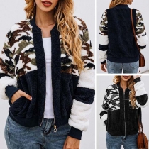 Fashion Camouflage Spliced Long Sleeve Stand Collar Plush Coat