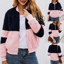 Fashion Contrast Color Long Sleeve Stand Collar Plush Coat