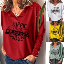 Casual Style Long Sleeve V-neck Printed T-shirt 