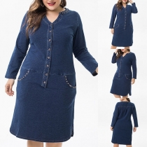 Fashion Long Sleeve V-neck Plush-size Denim Dress