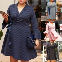 OL Style Trumpet Sleeve V-neck Plus-size Striped Dress
