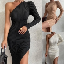 Sexy One-shoulder Long Sleeve Irregular Hem Slim Fit Dress