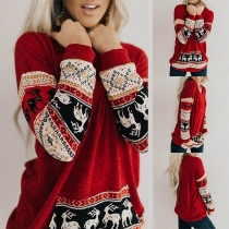 Cute Elk Printed Long Sleeve Round Neck Loose Sweatshirt 