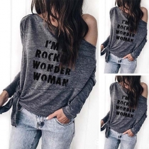Sexy Oblique Shoulder Knotted Hem Letters Printed Top 