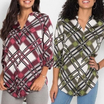 Fashion Long Sleeve V-neck Plaid Blouse