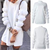 Fashion Plush Spliced Long Sleeve Mock Neck Solid Color Dress