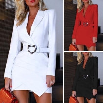 OL Style Long Sleeve Notched Lapel Asymmetric Hem Slim Fit Dress(Without belt)