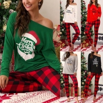Fashion Letters Printed Long Sleeve T-shirt + Plaid Pants Two-piece Set 