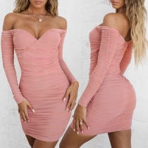 Sexy Off-shoulder Long Sleeve Solid Color Gauze Dress