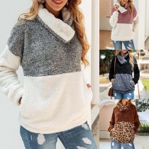 Fashion Leopard Spliced Long Sleeve Irregular Collar Plush Sweatshirt 