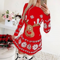 Cute Elk Snowflake Printed Long Sleeve Round Neck Dress