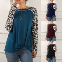 Fashion Leopard Spliced Long Sleeve Twisted Hem T-shirt 