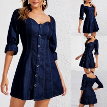 Sweet Style Puff Sleeve Square Collar Denim Dress