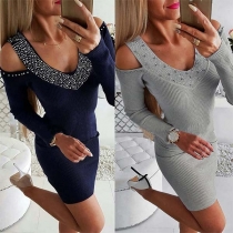 Sexy Off-shoulder V-neck Long Sleeve Rhinestone Spliced Tight Dress