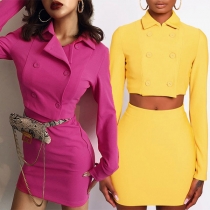 Sexy Long Sleeve POLO Collar Crop Top + Skirt Two-piece Set