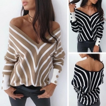 Sexy Off-shoulder V-neck Long Sleeve Striped Top