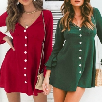 Sweet Style Lotus Sleeve V-neck Single-breasted Mini Dress