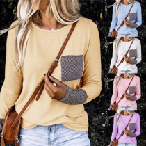 Fashion Printed Spliced Long Sleeve Round Neck T-shirt 