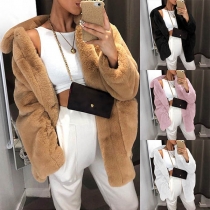 Fashion Solid Color Long Sleeve POLO Collar Plush Coat