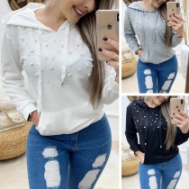 Fashion Solid Color Long Sleeve Hooded Beaded Sweatshirt