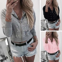 Fashion Long Sleeve Hooded Beaded Sweatshirt Coat