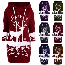 Cute Elk Printed Long Sleeve Hooded Sweatshirt Dress