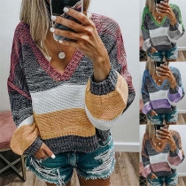 Fashion Contrast Color Long Sleeve V-neck Sweater