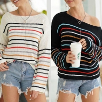 Fashion Long Sleeve Round Neck Striped Knit Top