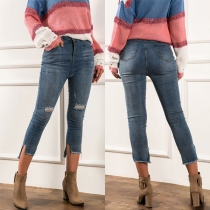 Fashion High Waist Slim Fit Ripped Slit Hem Ankle-length Jeans