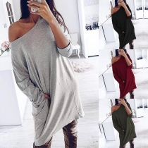 Sexy Oblique Shoulder Long Sleeve Solid Color Dress