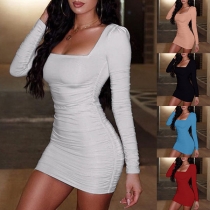 Sexy Backless Square Collar Solid Color Slim Fit Wrinkled Dress