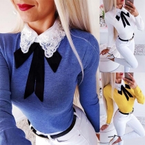 Sweet Style Embroidered POLO Collar Long Sleeve Slim Fit Top