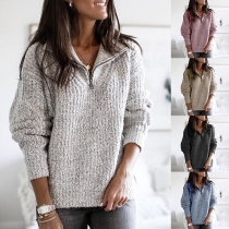Fashion Solid Color Long Sleeve Stand Collar Knit Top