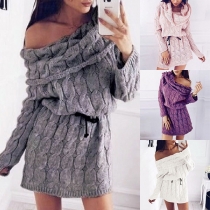 Sexy Off-shoulder Boat Neck Long Sleeve Solid Color Sweater Dress