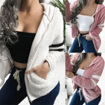 Fashion Contrast Color Long Sleeve Hooded Plush Jacket