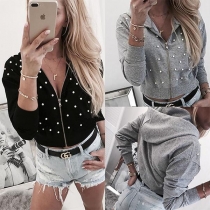 Chic Style Long Sleeve Hooded Beaded Sweatshirt Jacket