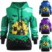 Sexy Off-shoulder Long Sleeve Hooded Printed Sweatshirt