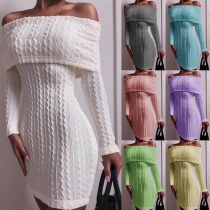 Sexy Off-shoulder Boat Neck Long Sleeve Slim Fit Knit Dress