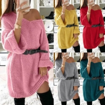Fashion Solid Color Long Sleeve V-neck Thin Sweater Dress