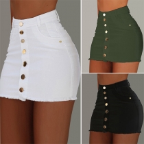 Fashion Solid Color High Waist Single-breasted Skirt