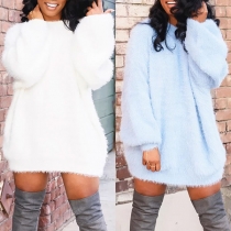Fashion Solid Color Long Sleeve Round Neck Sweater Dress