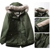 Fashion Faux Fur Spliced Hooded Drawstring Waist Padded Coat
