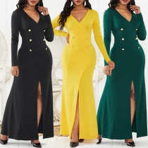 Sexy V-neck Slit Hem Long Sleeve Solid Color Party Dress