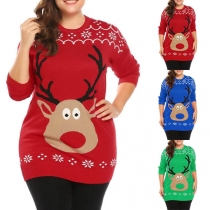 Cute Style Long Sleeve Round Neck Elk Pattern Sweater