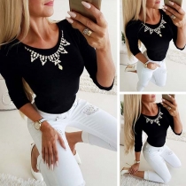 Fashion Solid Color Long Sleeve Round Neck Rhinestone Spliced Top
