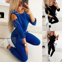Sexigt off-shoulder-set med långärmad pärlöverdel och byxor