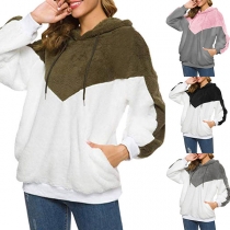Fashion Contrast Color Long Sleeve Hooded Plush Sweatshirt