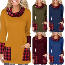 Fashion Plaid Spliced Long Sleeve Cowl Neck Sweatshirt